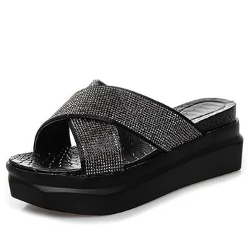 

2020 New Summer Women Sandals Fashion Rhinestone Elegant Silppers Thick Bottom Platform Shoes Comfortable Casual Wedge Sandals