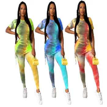 

2020 Summer Women Suit European and American Hot Style Model Tie-dye Print Stacked Draped Ruched T-shirt& Trousers Two Piece Set