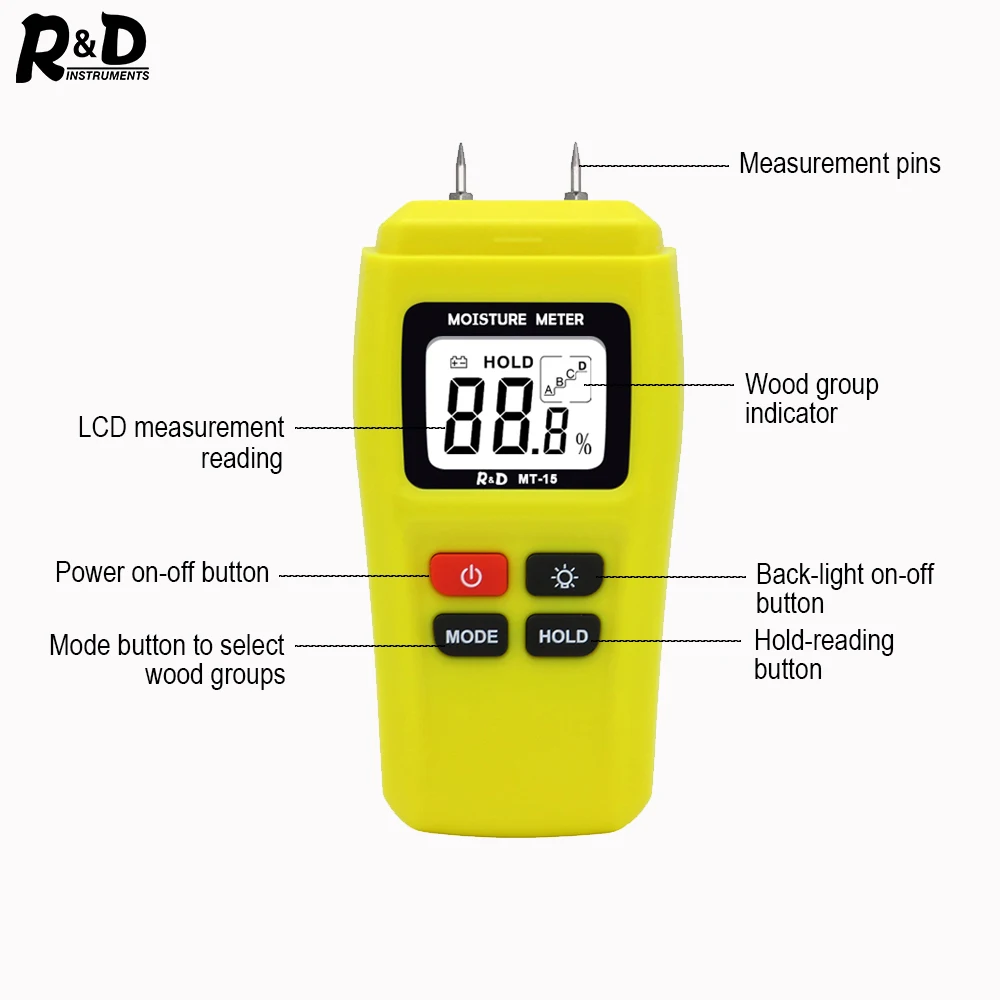 R& D MT15 измеритель влажности древесины, измеритель влажности древесины, гигрометр, детектор влажности древесины, тестер плотности деревьев с Желтой подсветкой