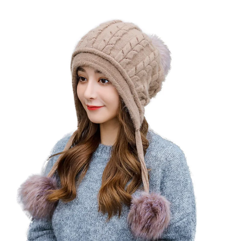 

Rabbit hair women's knitted fleece-lined cap winter protection bomber hat with velvet thickness cold-proof hats for girls
