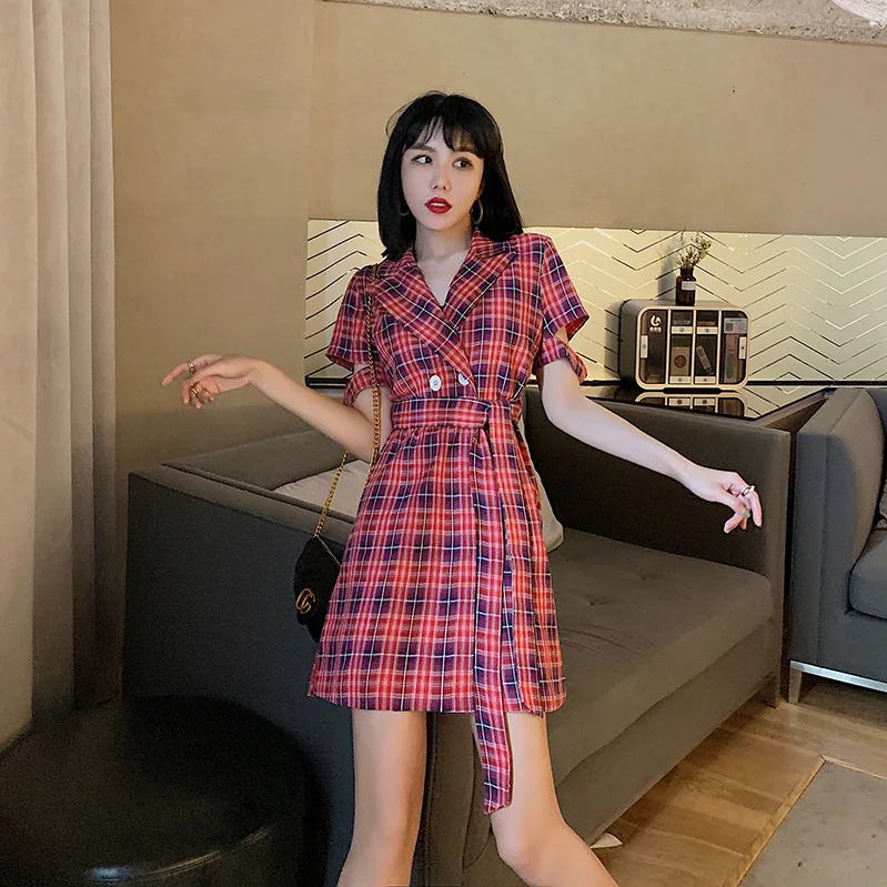 

Design Torn Cuff Fold-down Collar Checkered Shirt Coat + High-waisted Shorts Set