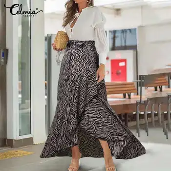 

Celmia Sexy Zebra Stripe Skirts Celmia WomenHigh Waist Print Maxi Skirts Asymmetrical Elegant Party Ruffles Skirts Office Skirt