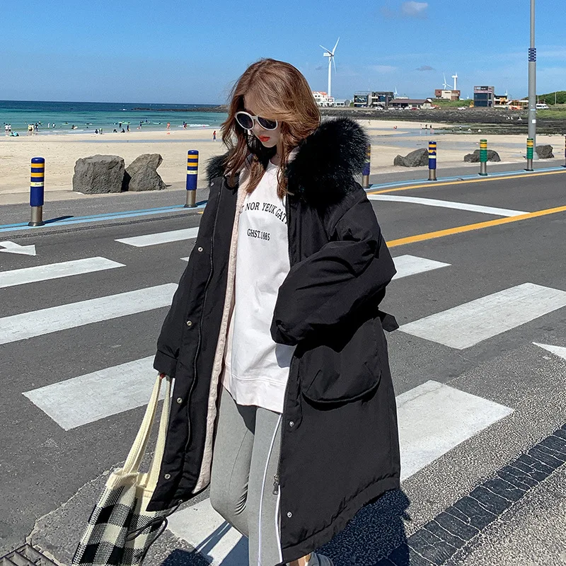 

2019 Cotton-padded Clothes Winter Korean-style Mid-length Large Fur Collar down Jacket Cotton-padded Clothes Students Waist Hugg