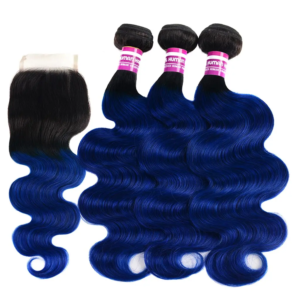 

3/4 Ombre Peruvian Hair T1B Blue Bundles With Closure Remy Human Hair Extension Colored Roots Body Wave Bundles With Closure