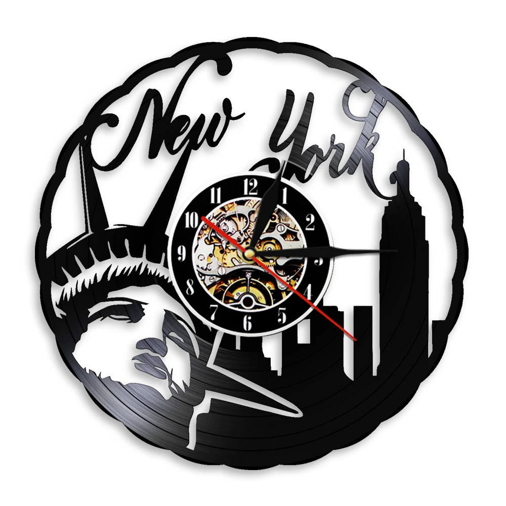 New Skyline Moderne Vinyl Record Stille Wandklok Nyc Vrijheidsbeeld Vrijheid Muur Amerika Reizen Gift decor|Wall Clocks| -