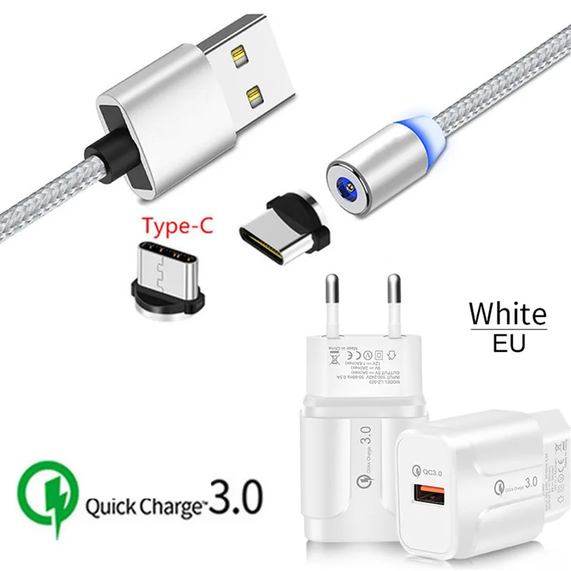 Магнитное USB QC 3,0 быстрое зарядное устройство OnePlus 7 Pro 5T Honor 20 10 9 type C Магнитный зарядный провод для samsung S10 S9 A9 A8 A70 A20E - Тип штекера: EU charger and cable