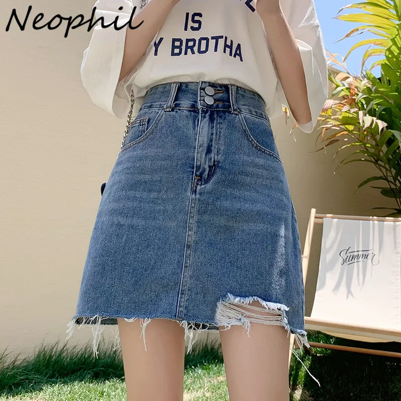 Neophil 2022 Women Retro Washed Denim Mini Skirt Vintage Girls Summer High Waist Hole Jeans Skirts Bodycon Hip Saia S-5XL S21544