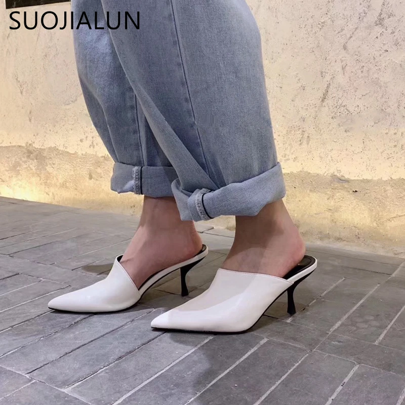 SUOJIALUN/Новые Брендовые женские шлепанцы на высоком тонком каблуке с острым носком; элегантные женские босоножки без застежки; высококачественные горки для улицы