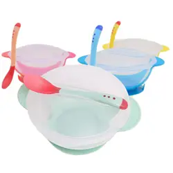 Juego de vajilla de alimentación para niños, tazón de succión con ventosa, resistente al deslizamiento, cuchara con sensor de temperatura, vajilla de entrenamiento