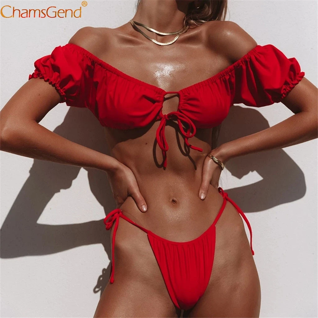 

Red Solid Swimwears Push-Up Bandage Bikinis Bandage Brazilian Short Sleeve female Brazilian bathing suit Summer bathers biquini