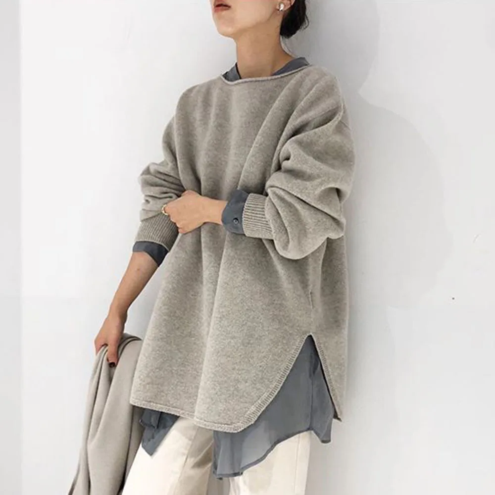 

Knitted Sweater Women Korean Fake Two Piece Patchwork Pullovers Retro Jumpers Oversized Knit Wear Preppy Style Female Tops Gray