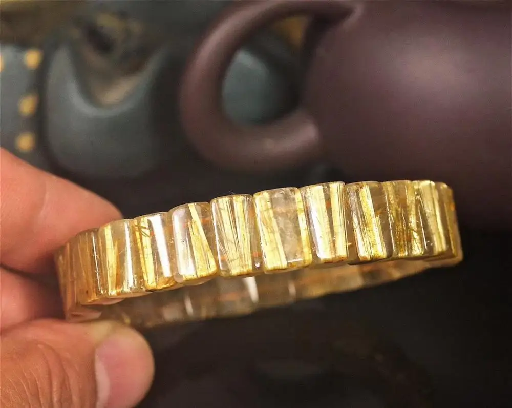 

Genuine Natural Gold Rutilated Titanium Quartz Bracelet Crystal Woman 13x6mm Wealthy Rectangle Beads Bracelet Bangle
