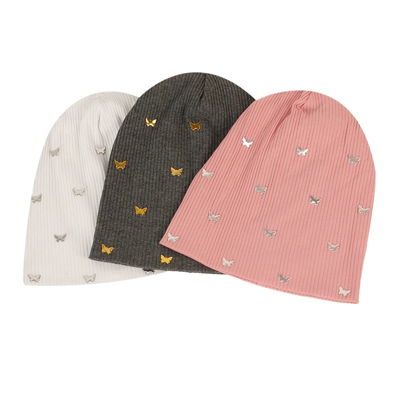Geebro Women Metal Butterfly Ribbed Skullies&Beanie Caps New Fashion Femme Ladie Soft Elastic Slouch Stretch Slouch Bonnet Hats 2