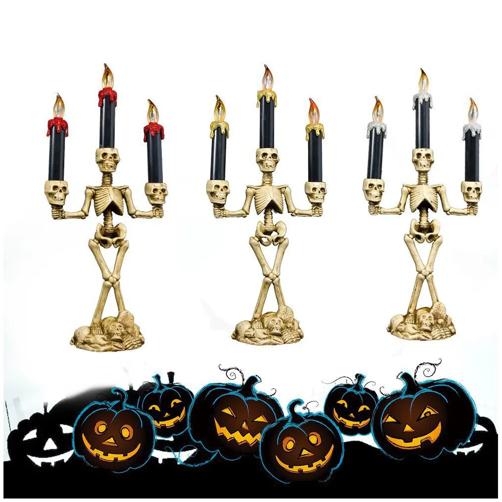 

Halloween Skeleton Flameless Candle Holder Stand Led Light Flickering Lamps Festival Indoor Decorations Haunted Candelabra Prop
