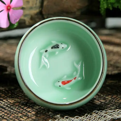 Чашка [GRANDNESS] Longquan из селадона керамическая чайная чашка кунг фу с двойной рыбой 30