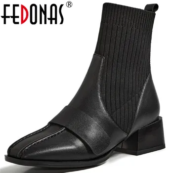 

FEDONAS 2020 Autumn Winter Shoes Woman Fashion Genuine Leather Female Square Toe Ankle Boots Working Office Lady Boots Boots