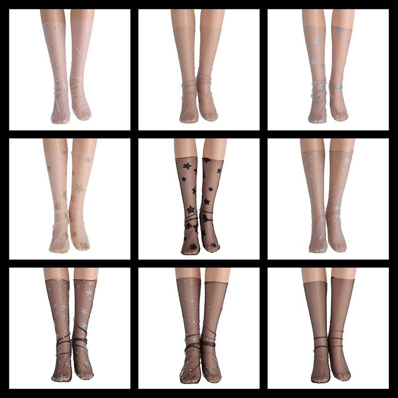 Новые мульти женские блестящие тонкие мягкие прозрачные сетчатые тюлевые носки со звездами прозрачные ультратонкие ажурные видимые чулочно-носочные изделия