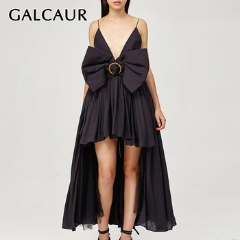 

GALCAUR Vintage Patchwork Bow Mesh Dresses Female Spaghetti Strap High Waist Asymmetrical Dress Women 2020 Fashion New Clothing