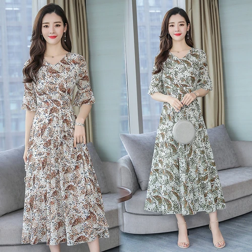 

2019 Spring Fashion Printed Chiffon Women Dress New Style Summer Short Sleeved Slim Simple Elegant Temperament Female Dresses