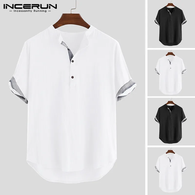 

INCERUN Fashion 2020 Men's Short Sleeve Stand Collar Shirt Contrast Hood Breathable Street Chic Design Summer New Men's Shirt