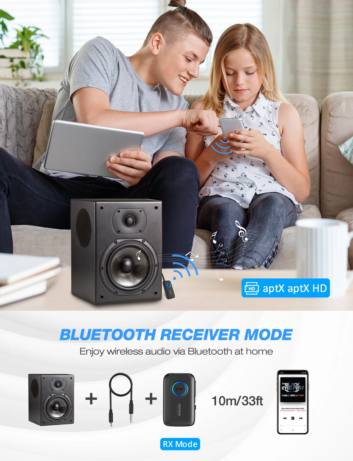 Mpow bh390 bluetooth adapter 5.0 receiver/transmitter support aptx/aptx-ll/aptx-hd with 3.5mm/rca plug for tv car home audio pc (bluetooth 