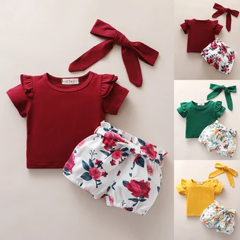 

3Pcs Newborn Baby Girl Shirt Cute Clothes Set Red/Yeloow/Green Bodysuit +Pants Shorts+Turban Outfit Set Summer Cute Girl Outfits