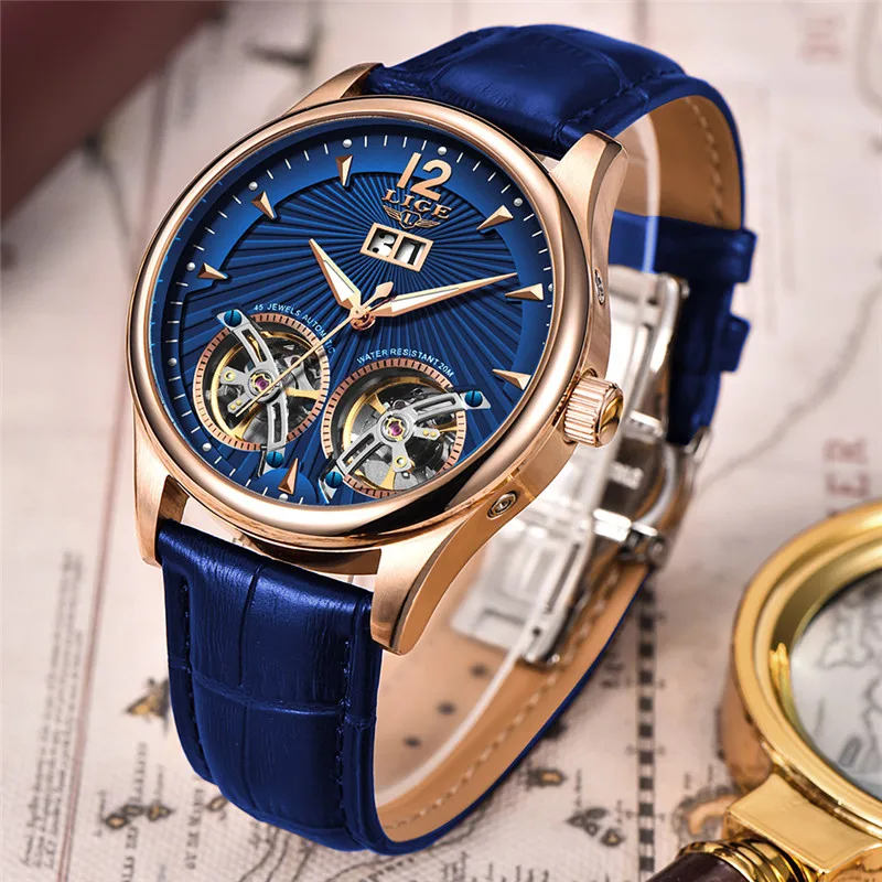 Новинка, LIGE, синие кожаные часы для мужчин, двойные Tourbillon, механические мужские часы, Топ бренд, Роскошные автоматические часы, мужские часы+ коробка