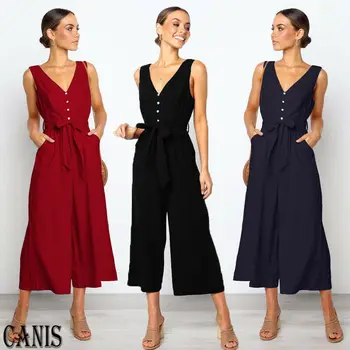 

Hirigin 2020 Fashion Wide Leg Jumpsuit Women V Neck Buttons Sleeveless Belted Summer Playsuit Office Work Wear Elegant Trousers