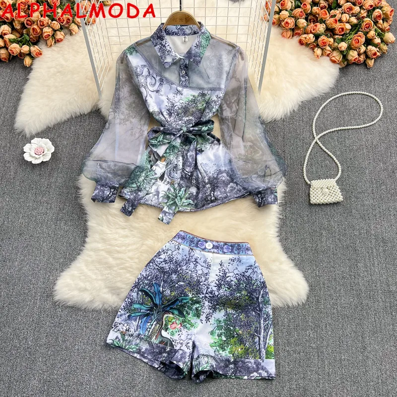 Женский винтажный костюм ALPHALMODA рубашка и шорты с длинным рукавом принтом