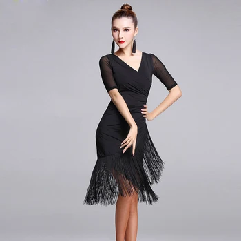 

2020 Ladies Latin Dance Dress Women Black Stage Costumes Tassel Salsa V-Neck Rumba/Samba Salsa Perform Fitness Dancewear