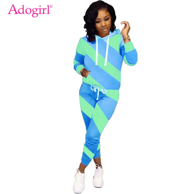 

Adogirl Diagonal Stripe Color Block Women Tracksuit Long Sleeve Hooded Sweatshirt Top Pencil Pants Fashion Casual Two Piece Set