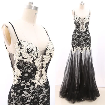 

MACloth Black Mermaid Strap Floor-Length Long Crystal Tulle Prom Dresses Dress M 268847 Clearance
