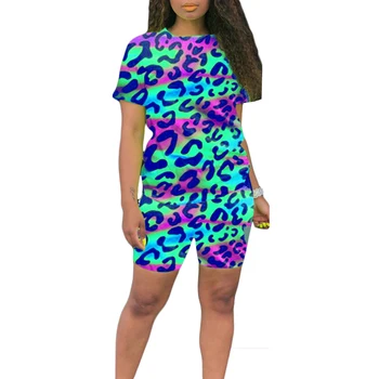 

VICABO Colorful Leopard Women Sets Two Piece Round Neck Short Sleeve Tee Tops Elastic Waist Shorts Casual Ladies Clothes Suits