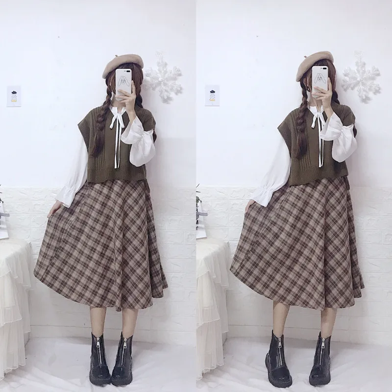 Харадзюку подростковый японский лесной стиль женский свободный свитер жилет Повседневная белая блузка клетчатая Женская юбка