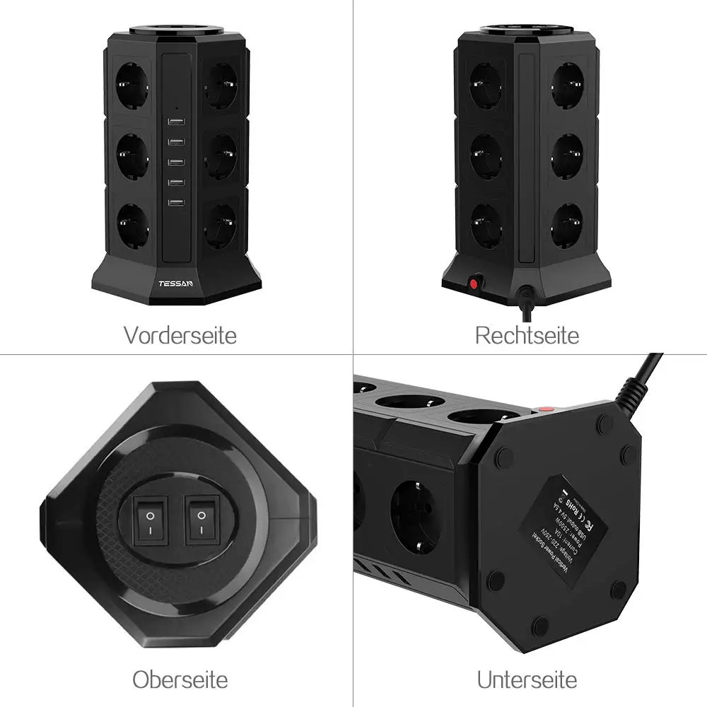 TESSAN 12-Way Socket Strip (2500W / 10A) 5 USB Ports, Multiple Sockets with Switch Overload Protection for Home Office, 2m cable