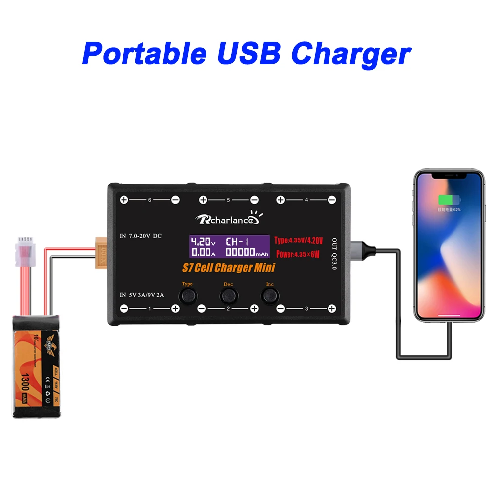 6 канальное зарядное устройство 1S LiPo 4 35 Вт Type C QC 3 0 XT60 2 4S DC вход W/MCX Mcpx MOLEX порт для FPV