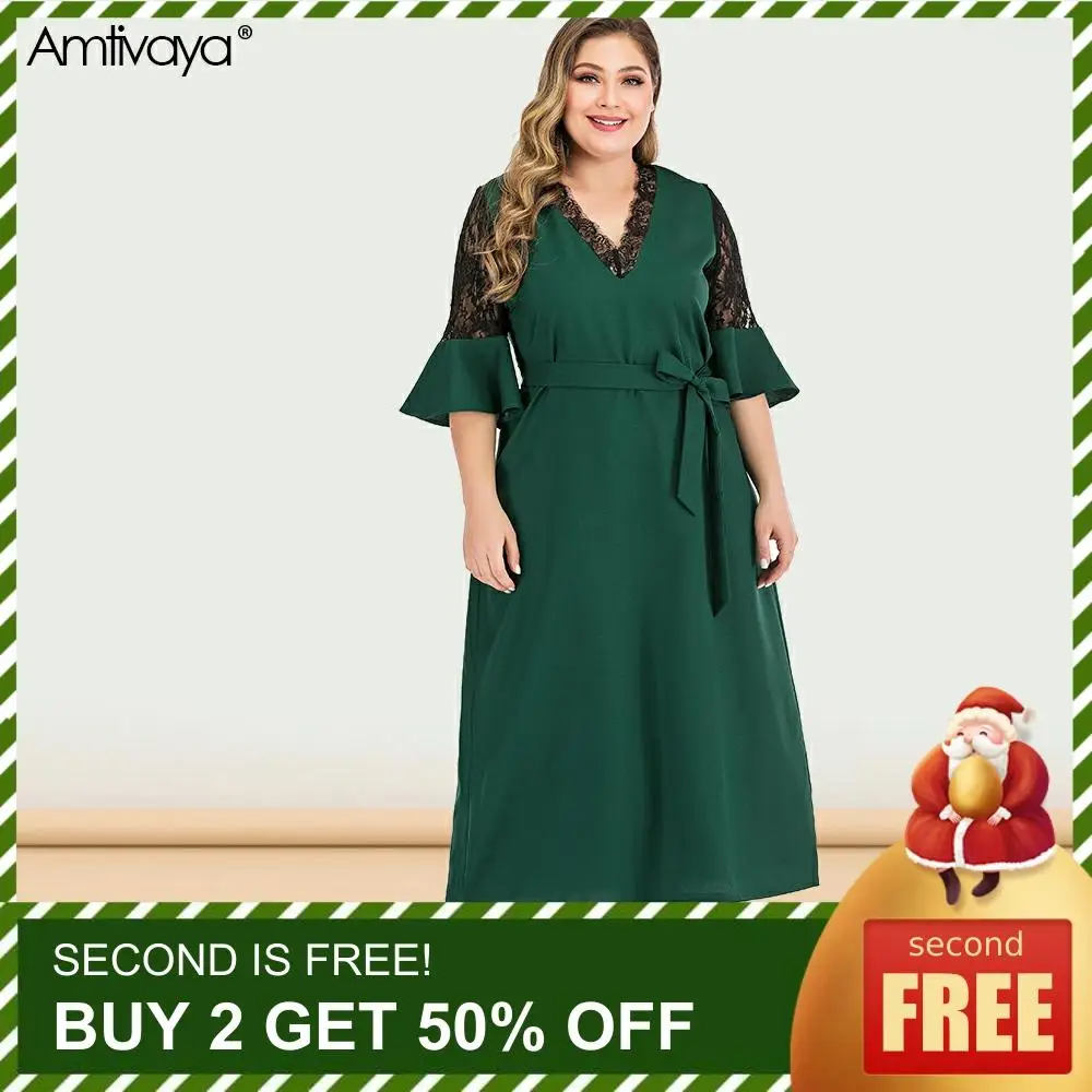 Amtivaya новые платья размера плюс женские модные кружевные хит цвета платье средней длины в стиле пэчворк элегантное темно-зеленое с v-образным вырезом и рукавом до локтя