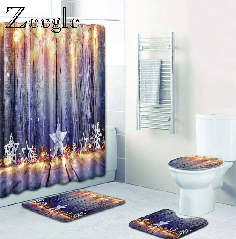 Zeegle Christmas Bath Mat Set Bathroom Shower Curtain Toilet Polyester Cover Mat Set Non-slip Bathroom Mat Absorption Bath Rug