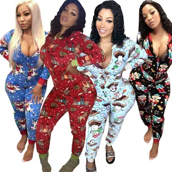 

Women Christmas Print Playsuit Pajamas Club Bodycon Loungewear Jumpsuit Romper