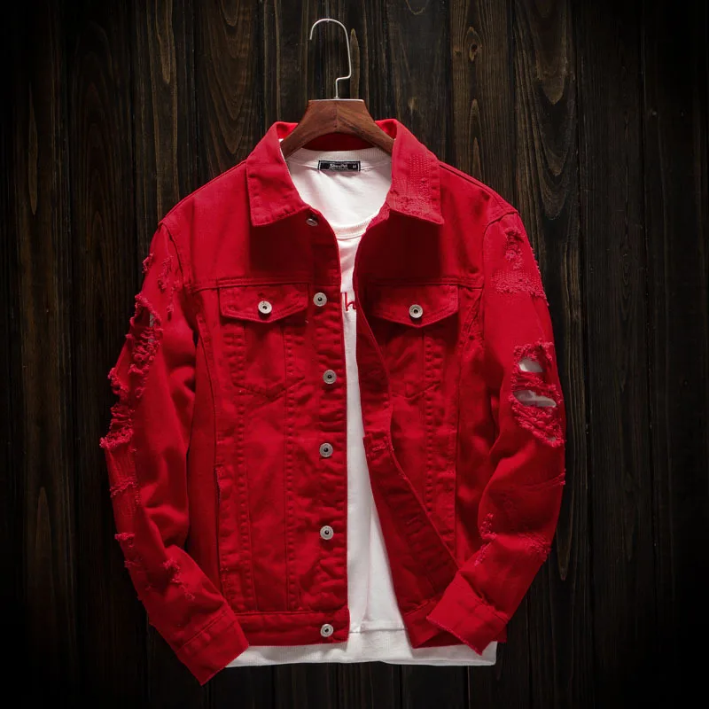 Spring Autumn Ripped Hole Men Slim Denim Jacket Fashion Red Coat Streetwear Male Cool Jeans Motorcycle | Мужская одежда