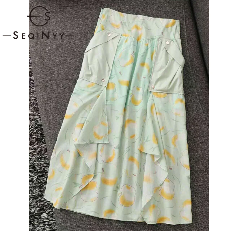 

SEQINYY Sweet Long Skirt 2020 Summer Spring New Fashion Design Women Pockets Fruit Print 100% Cotton Runway Skirt Elegant