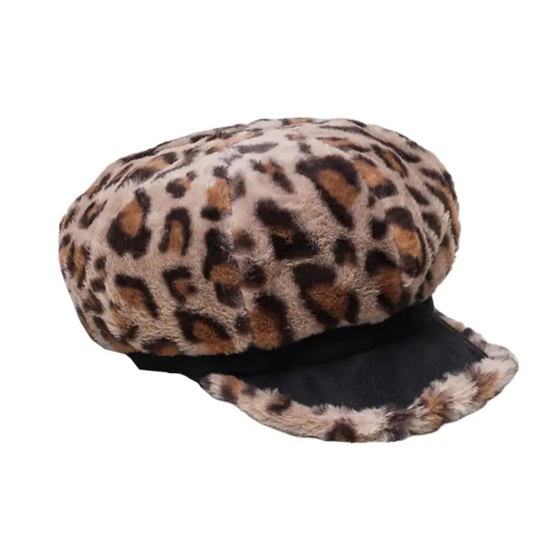 Женский зимний Пушистый Плюшевый Ретро берет с леопардовым принтом, плоская бейсболка 517D