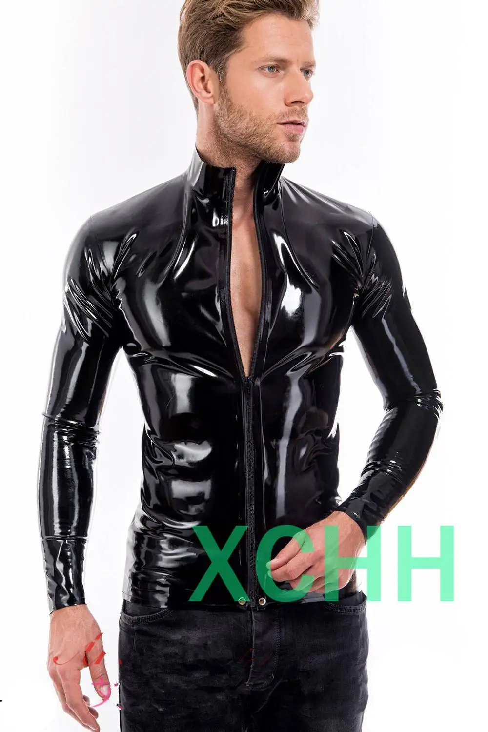 

Handmade Men's Black Latex T-Shirt Rubber Top Gummi Jacket with Front Zipper Customade