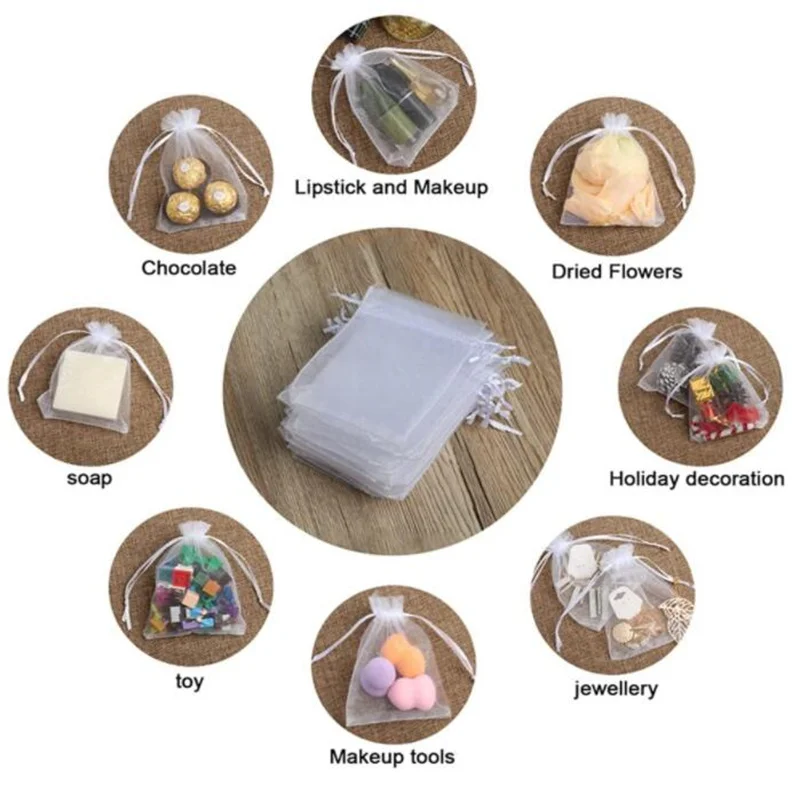 50Pcs Organza Bag Jewelry Packaging Gift Candy Wedding Party Goodie Packing Favors Pouches Drawable Bags Present Sweets Pouches