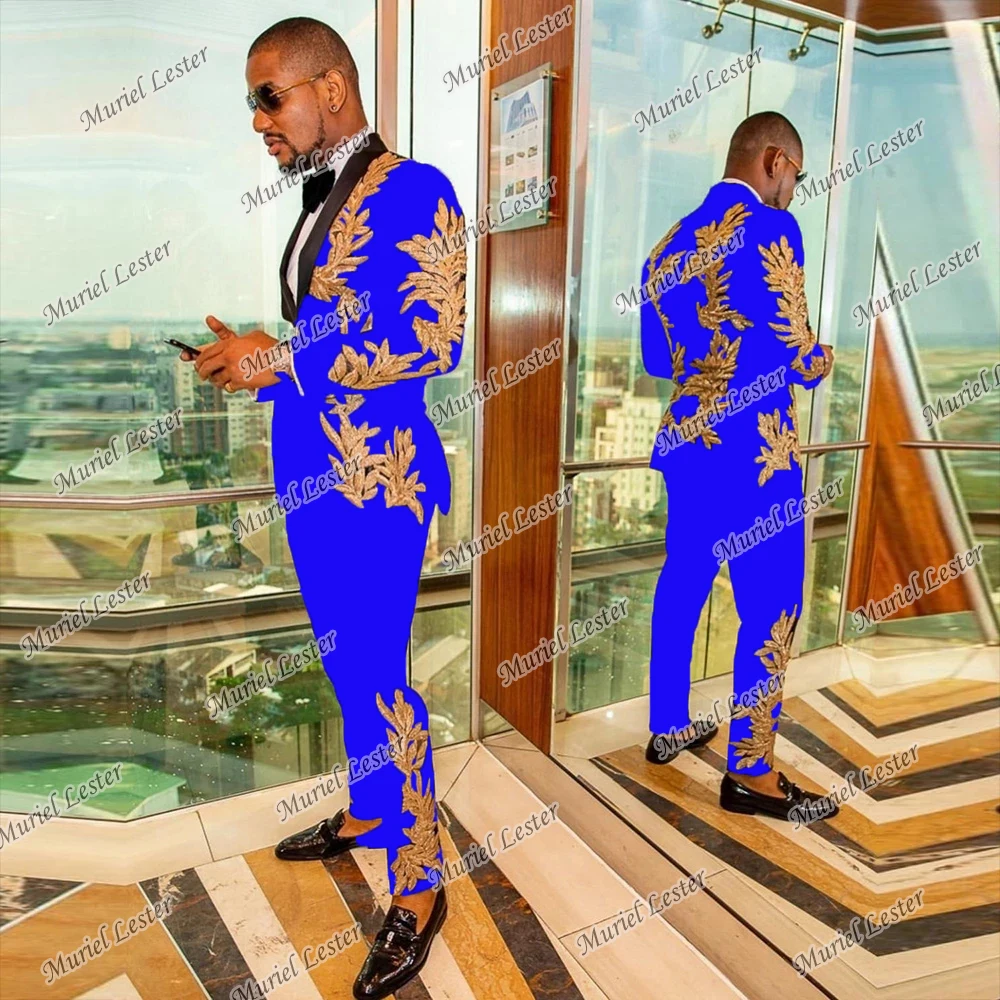 Gold Appliques White Men Suits For Wedding Black Peaked Lapel Man Jacket Pants Slim Fit 2 Pieces Set Groom Tuxedos Customized 4