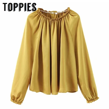 

Sexy Off Shoulder Tops Fall 2019 Long Sleeve Yellow Shirt Korean fashion Women Smocks
