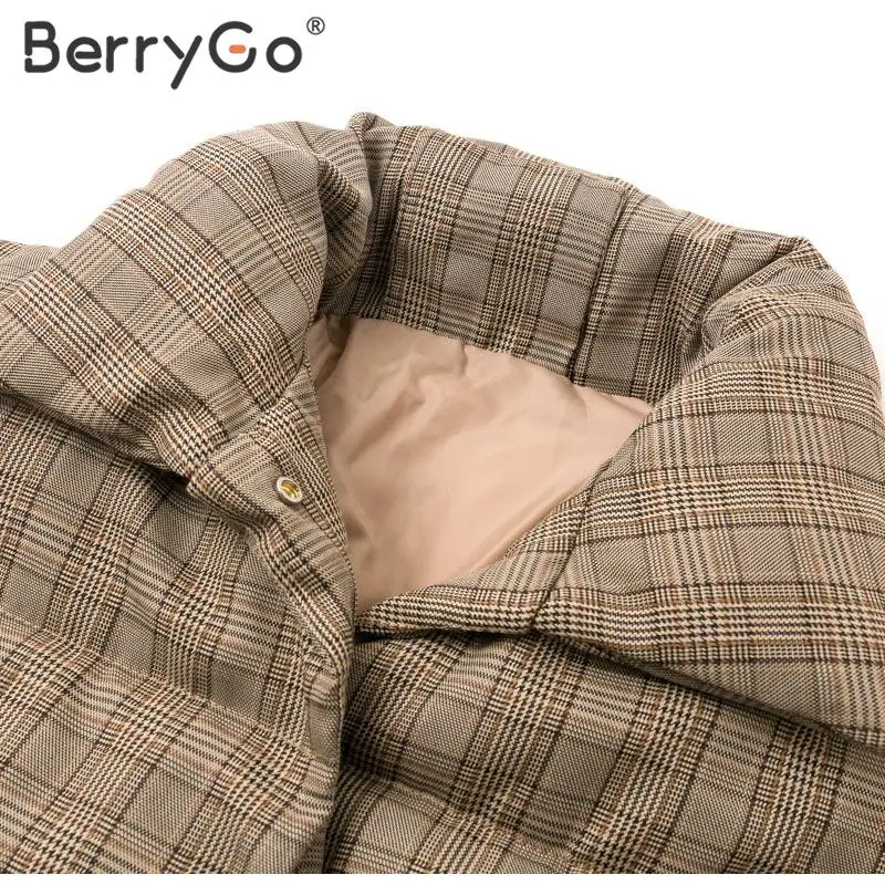 BerryGo Зимняя Толстая теплая клетчатая парка для женщин, повседневные женские парки больших размеров, пальто в винтажном стиле на шнуровке с карманами, женское короткое Стеганое пальто