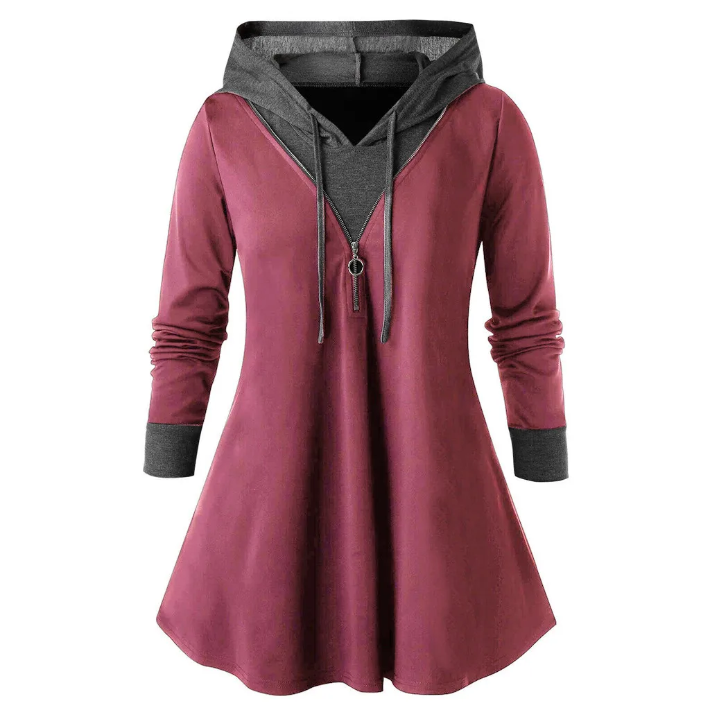 Plus Size Autumn Hoodies Blouse Women Long Sleeve Shirt Casual Color Patch Zipper Tunic Tops Hooded Blusas Chemise Femme - Цвет: Wine