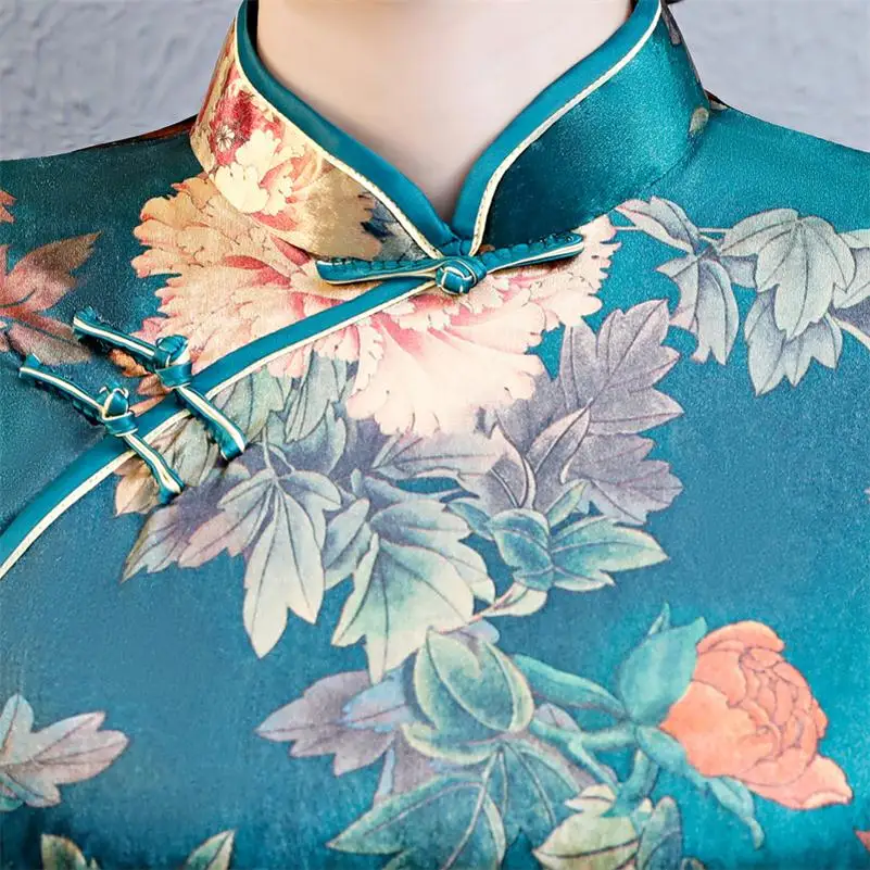 Винтаж ручной работы Кнопка Cheongsam 2 шт. Комплект женский традиционный цветочный принт Qipao Мода Атлас qipao Vestidos