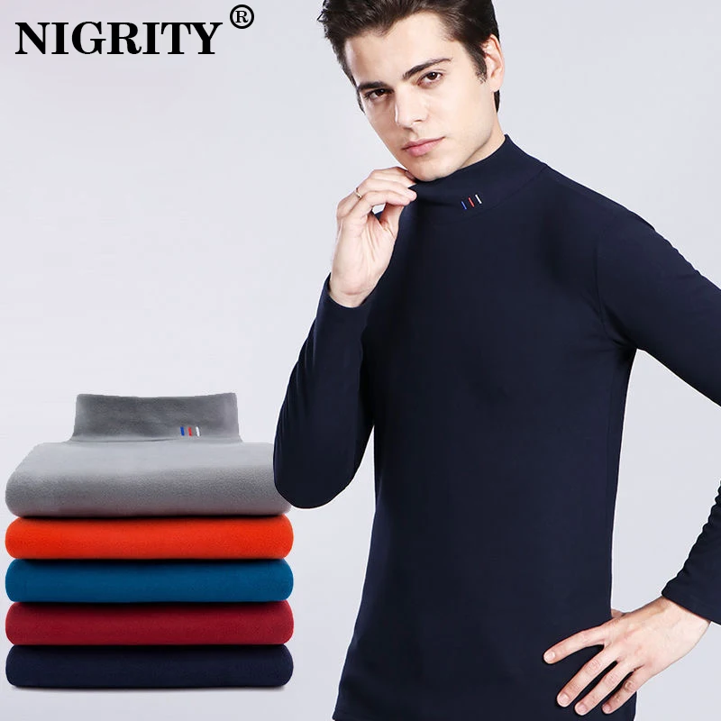 Baratos NIGRITY 2019 hombres Casual de cuello alto pulóver hombres otoño Delgado ajuste camisa de manga larga de fondo de los hombres mantener caliente camisa